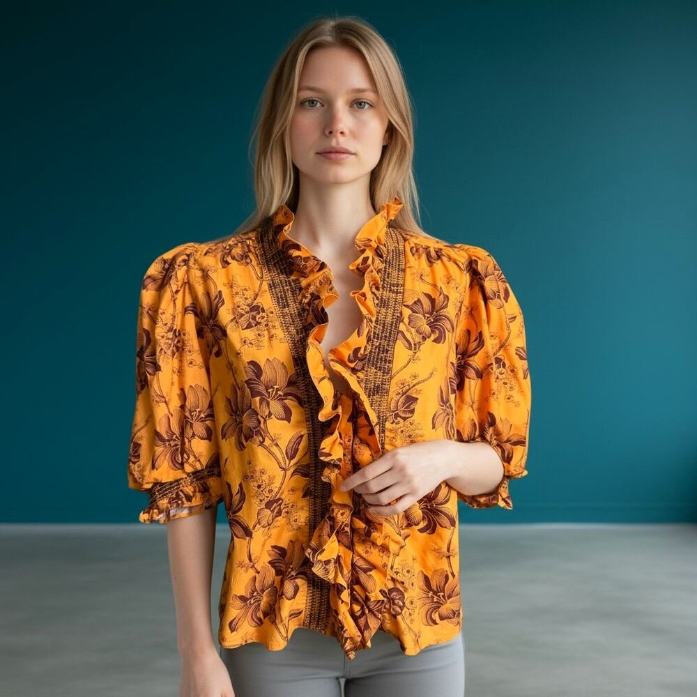 Love the Label Mustard Floral Ruffle Blouse Smocked Puff Sleeve Top Size S